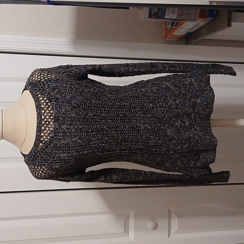 AMAZING Ladies Medium Mossimo Open Knit Weave Charcoal Gray Long Sweater - Picture 2 of 7